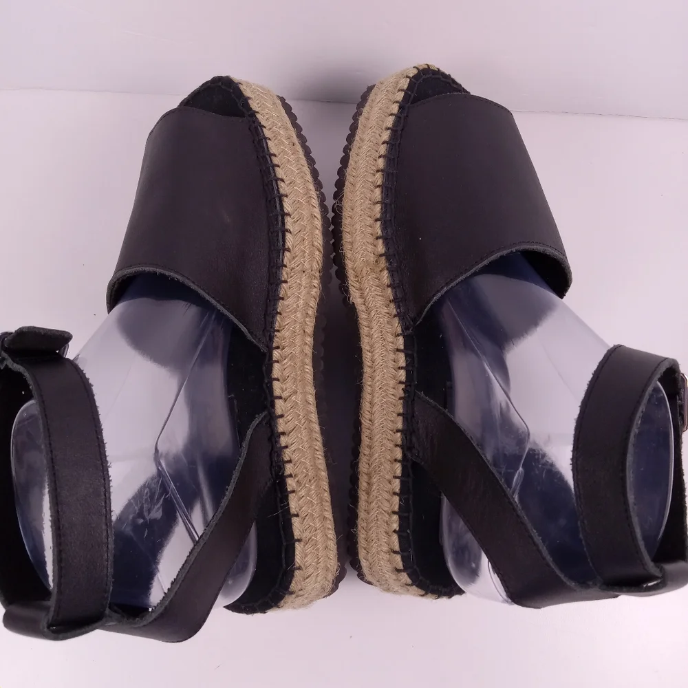 Asos Design Joyful Espadrilles Size 6 Black Faux Leather Flatform Boho Vacation